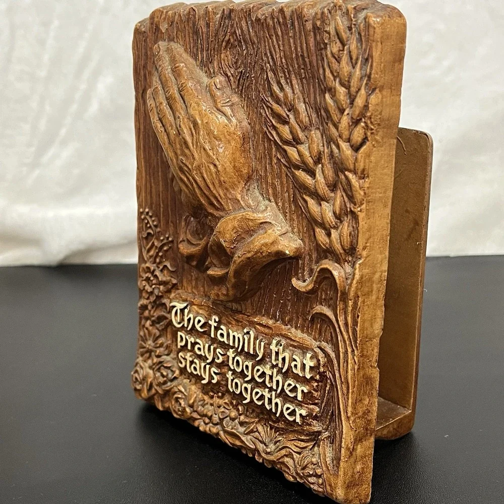 Vintage MCM Napkin Holder Mail Caddy Praying Hands FAMILY Made in USA Faux Wood